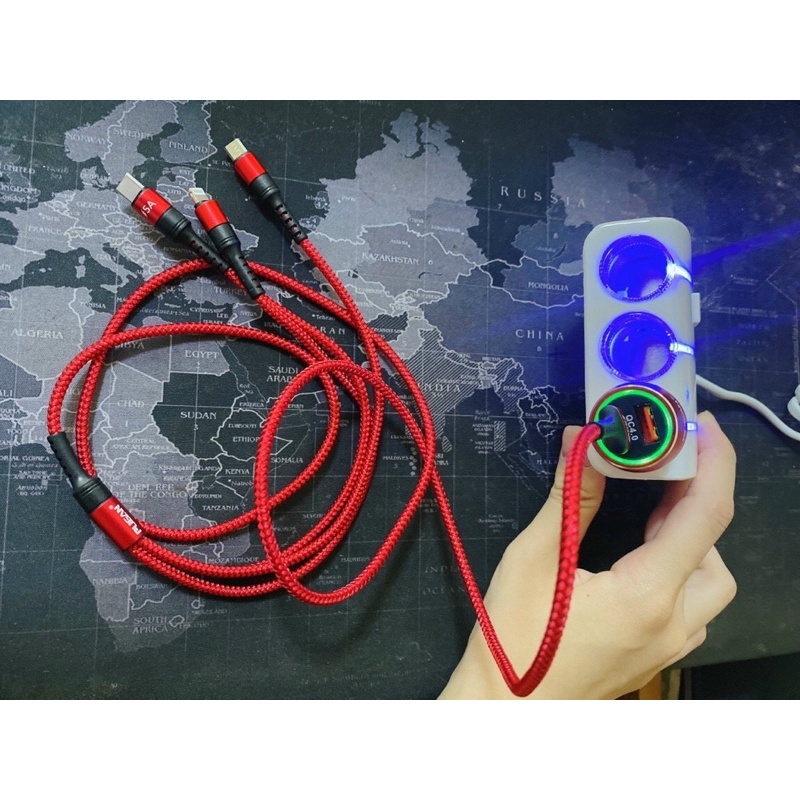 Tẩu sạc nhanh QC 4.0, Pugan 10A, 50W, 12-24V, 2 cổng USB, dây 3 đầu sạc Dùng cho mọi loại xe con, xe tải