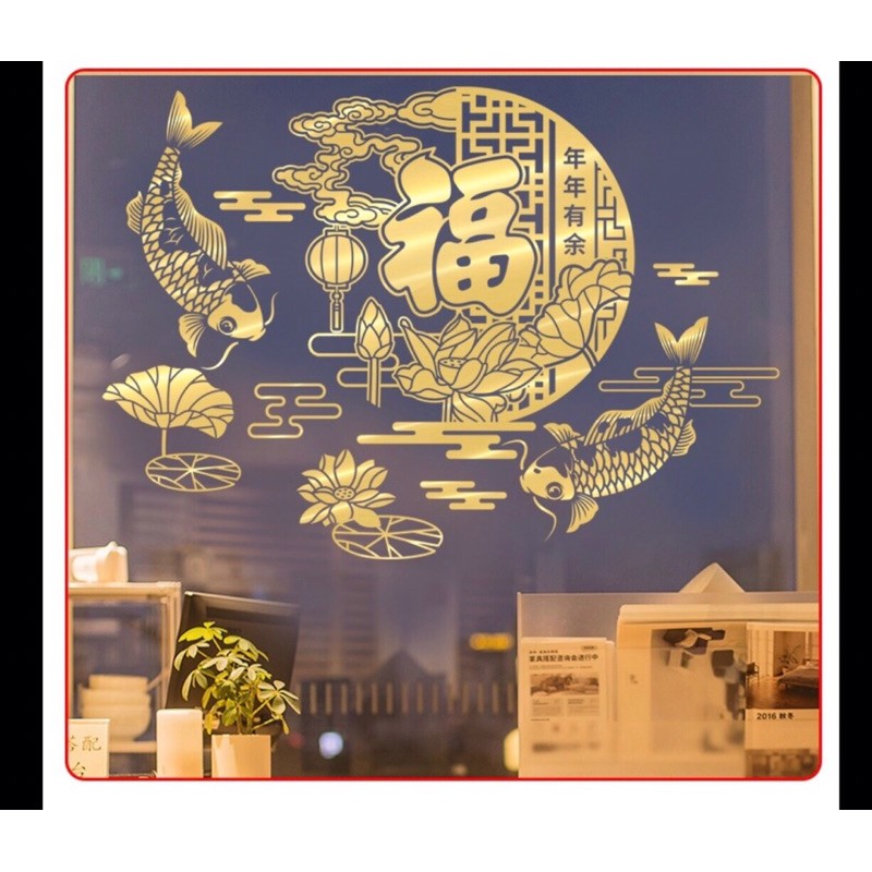 Decal trang trí Tết - Nửa Vầng trăng cá chép Ánh VÀNG - ĐỎ cao cấp