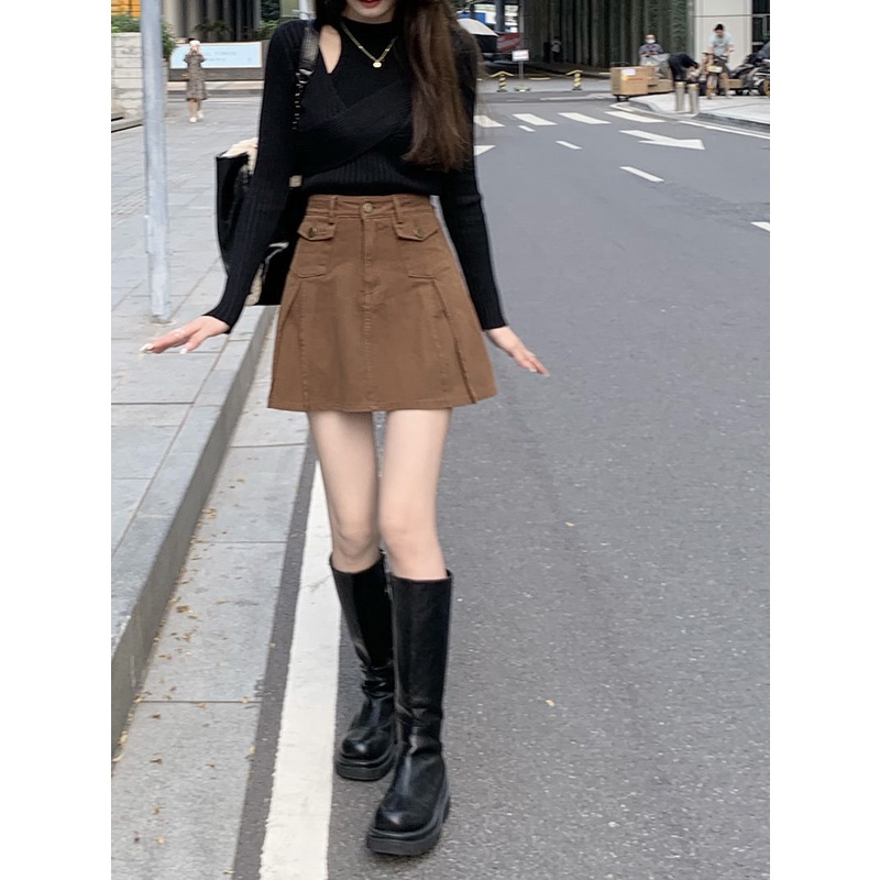 Chân Váy Denim Chữ A Lưng Cao Xếp Ly Có Túi Thời Trang