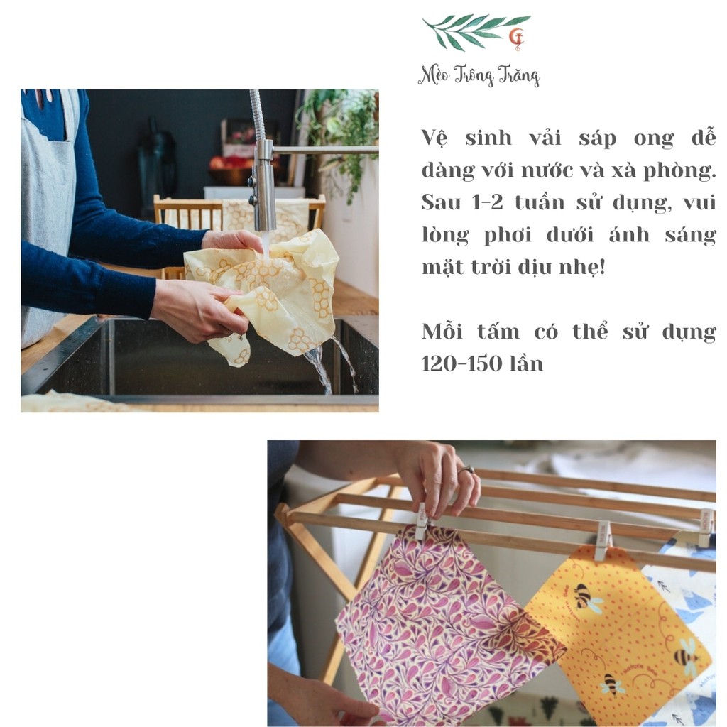 Set màng bọc thực phẩm, vải sáp ong 100% nguyên liệu an toàn, sử dụng nhiều lần, an toàn cho sức khỏe