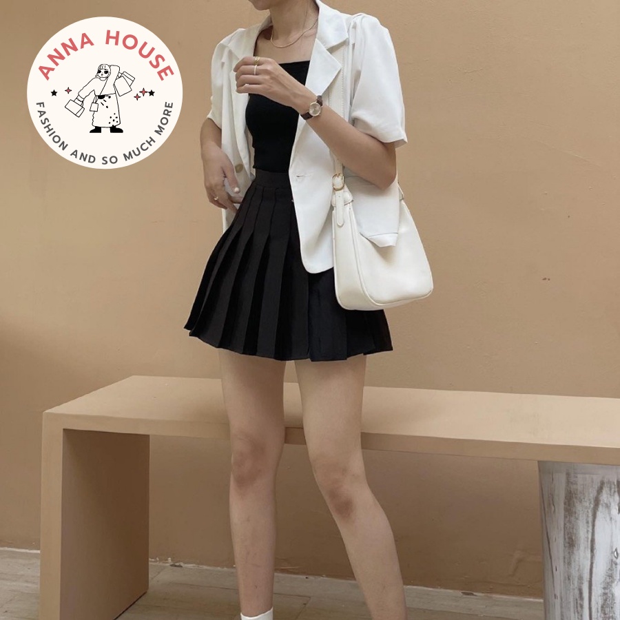 Áo blazer nữ ngắn tay bồng dáng croptop trơn nhiều màu, Áo blazer nữ tay ngắn form Croptop rộng cúc ngang túi hộp