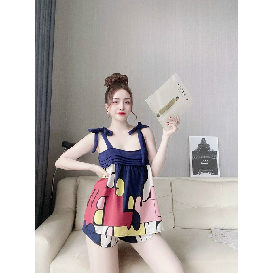 Đồ bộ áo hai dây quần đùi sexy lụa lập thể dưới 58 kg -Đồ mặc ngủ siêu đẹp
