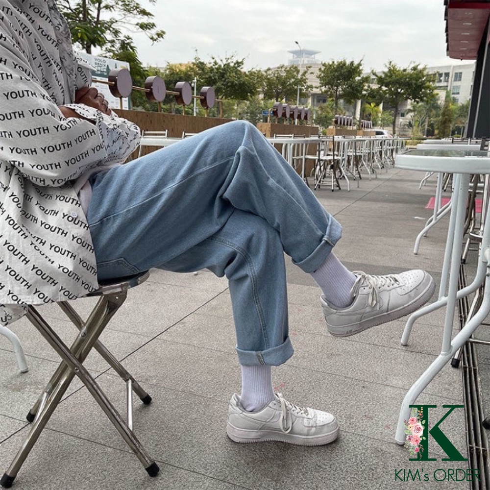 Quần jean nữ màu xanh bạc ống suông dáng rộng cạp lưng cao Ulzzang Hàn quốc chất liệu cao cấp co dãn đủ size cá tính
