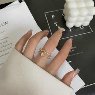 Nhẫn Mặt Trái Tim Đôi Đính Đá Opal Phong Cách Hàn Quốc