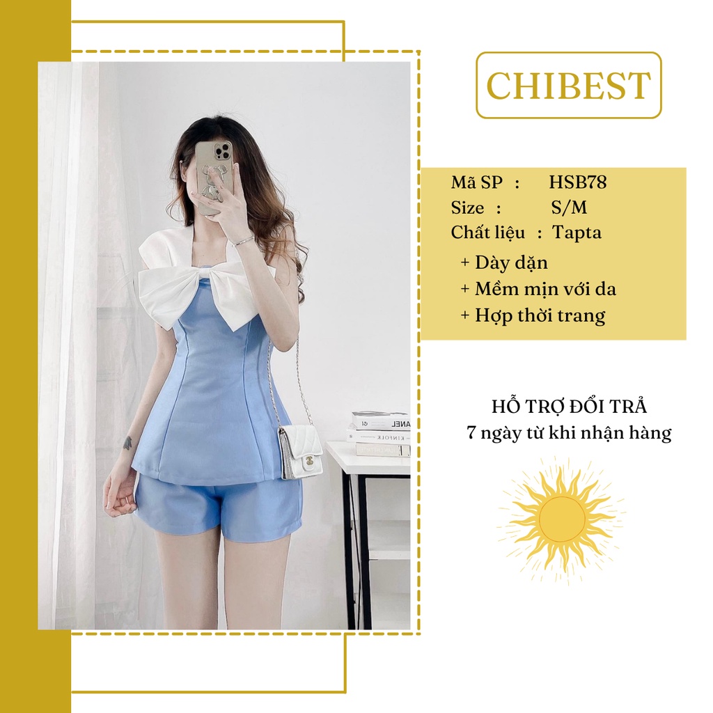 Set áo 2 dây quần short ống rộng thiết kế phối nơ bản to Vải tacta phong cách mùa hè  CHIBEST HSB78