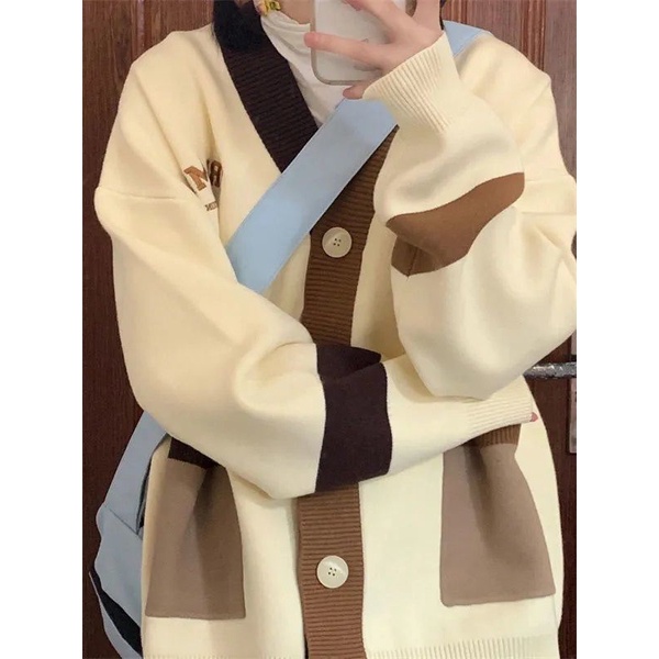 Áo Khoác Cardigan Dệt Kim Dáng Rộng Thêu Chữ Phối Màu Tương Phản Cá Tính Thời Trang