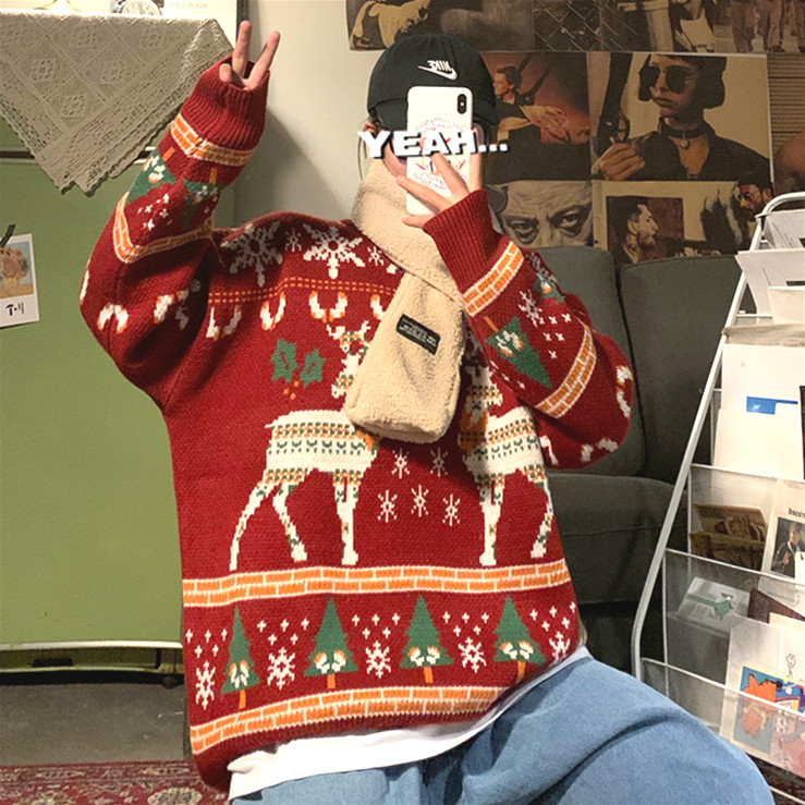 Elk Printing Sweater for Men Couple Sweaters Christmas High Quality Pullover Trend Long Sleeve Top Pull Over Sweater Men's Clothing