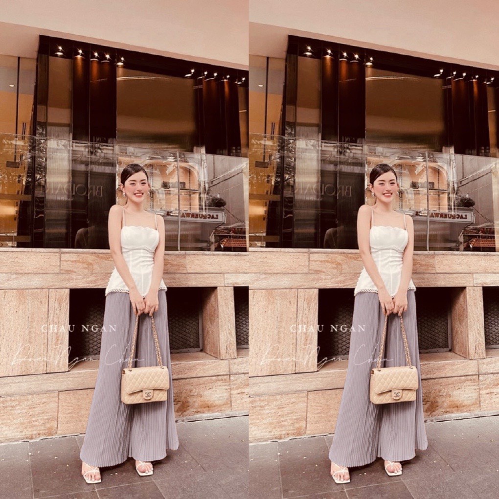 SET ÁO DÂY VIỀN REN + QUẦN SUÔNG DẬP LY HÀNG NHẬP Ꮯɦấȶ Ꮮɨệʊ: Lụa tuyết + thun dập ly . Size dưới 54kg vừa
