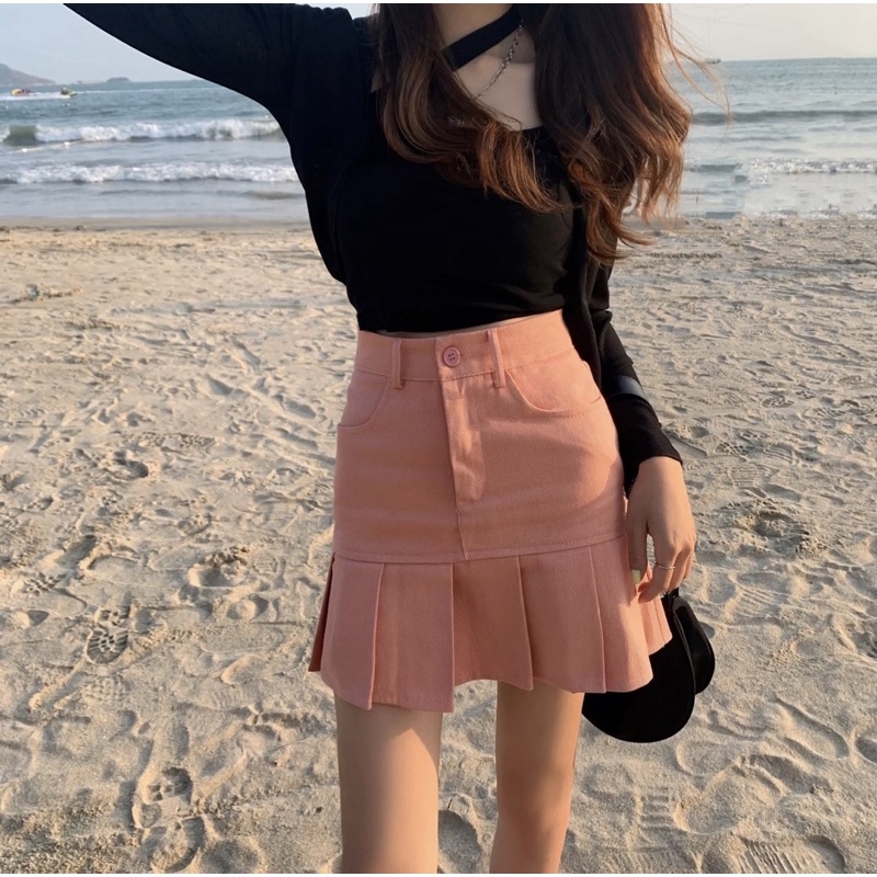 (SẴN HỒNG L,XL) CHÂN VÁY JEAN NGẮN XẾP LY PHONG CÁCH HÀN QUỐC V14