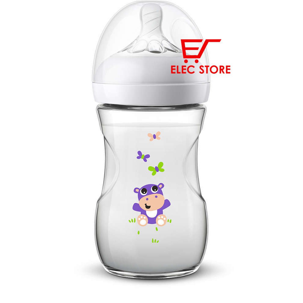 Bình sữa Avent Natural 260ml hoạ tiết Chim Hạc và chú Hà mã