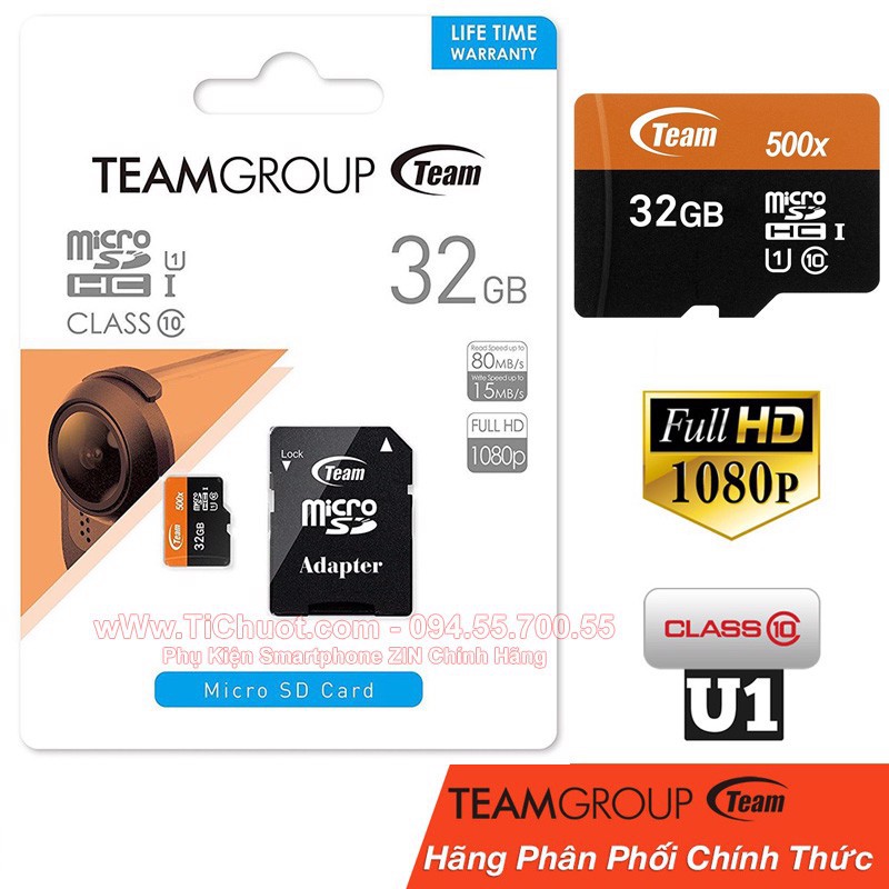 THẺ NHỚ MICRO SDHC TEAMGROUP 32GB 500X UPTO 80MB/S CLASS 10 U1 KÈM ADAPTER CHÍNH HÃNG