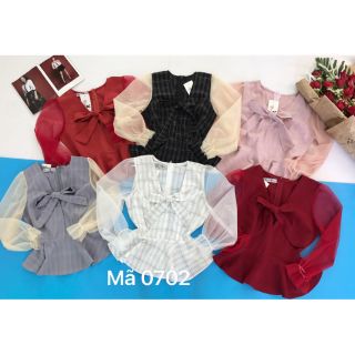 Áo kiểu thắt nơ tay lưới phồng