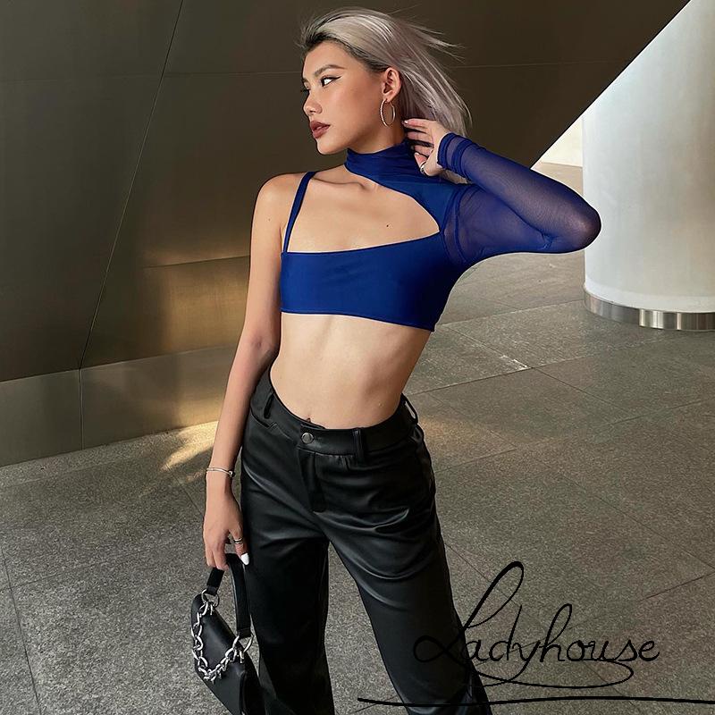 Áo Croptop Trễ Vai Tay Dài Màu Trơn Thiết Kế Khoét Lỗ Độc Đáo Thời Trang Cho Nữ