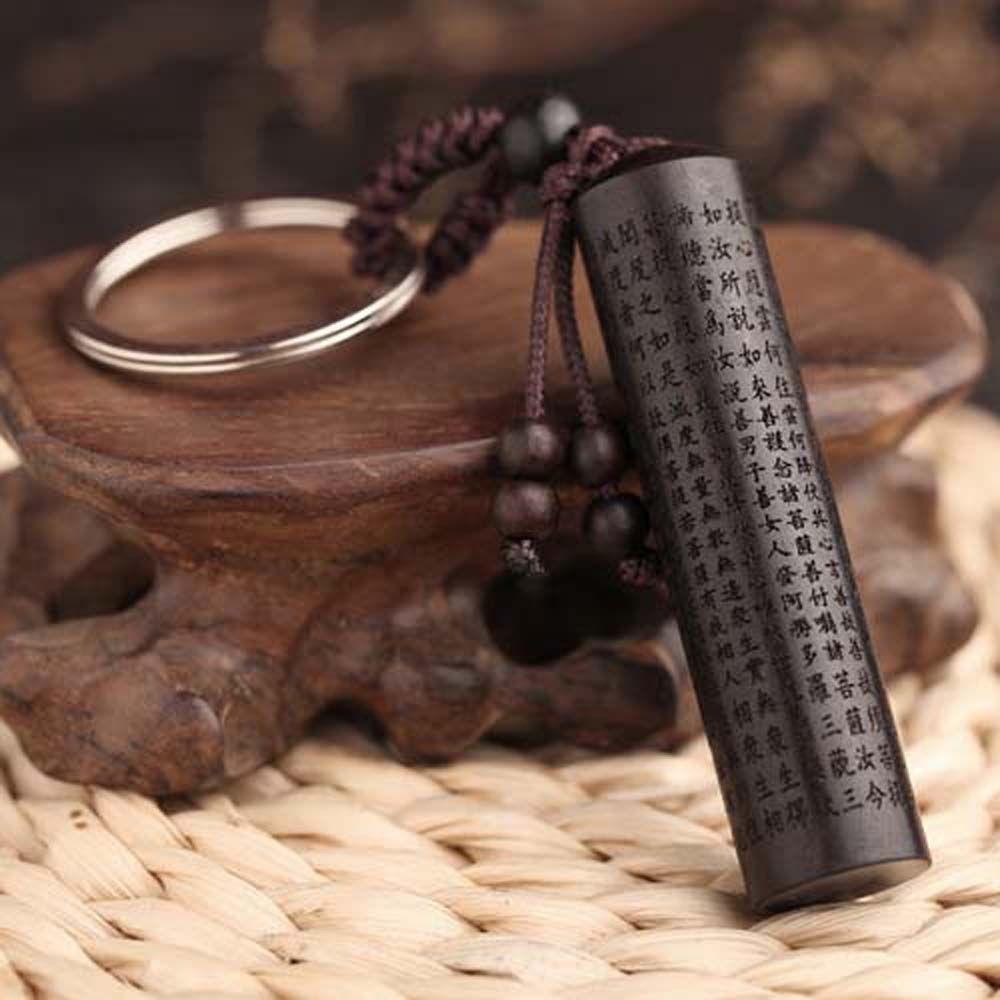 LANFY Móc Chìa Khóa Bằng Gỗ Mun Làm Thủ Công Hình Trái Tim Phật Giáo Tây Tạng Sutra Có Dây Đeo Cho Xe Hơi Shurangama Mantra