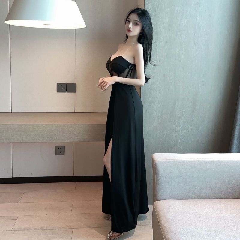 Đầm dài 2 dây xẻ tà khoét rỗng thiết kế sang trọng phong cách Hepburn khí chất quyến rũ màu đen cho nữ JE3M