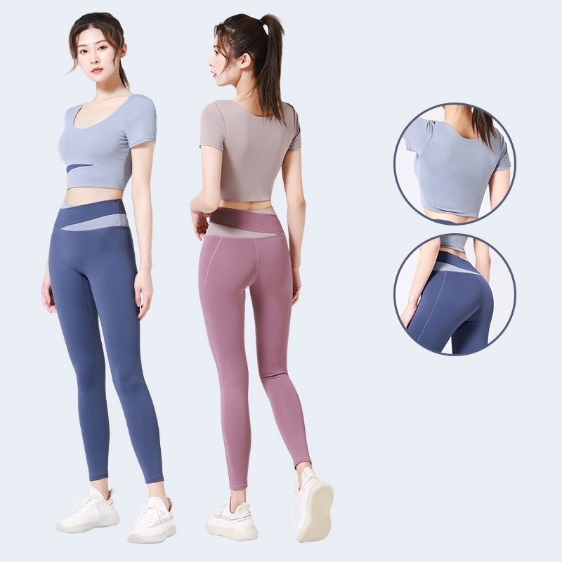 Bộ tập gym, yoga thể thao nữ vạt chéo viền có tay(form bé Quảng Châu )