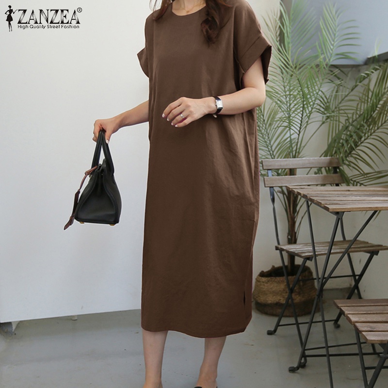 Đầm midi ZANZEA tay ngắn cổ tròn màu trơn dáng chữ a phong cách Hàn Quốc thời trang cho nữ