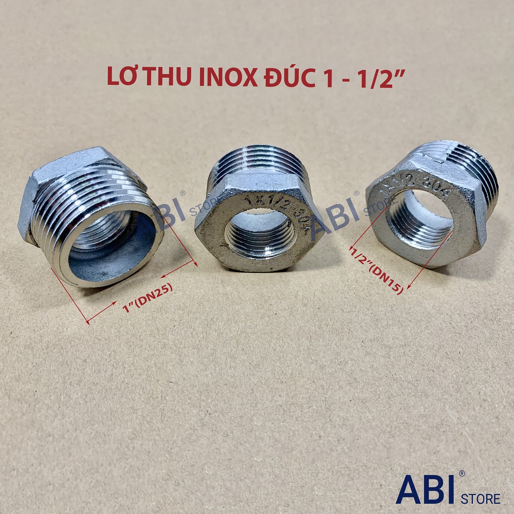 Lơ thu inox ren ngoài 34 về ren trong 21, cà rá thu 1-1/2'' đúc hàng dày đẹp( dn25-dn15)