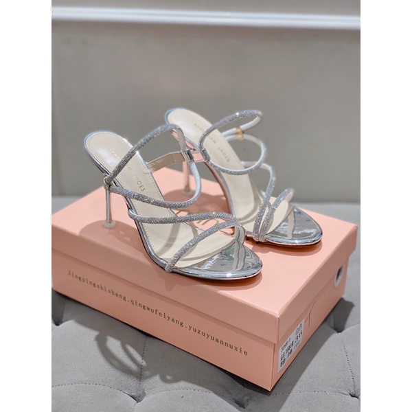 Sandal dây mãnh đính đá chéo gót nhọn blingbling