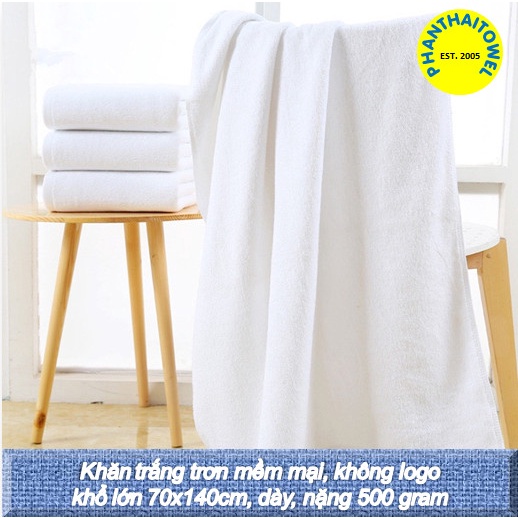 [HÀNG LOẠI A, DÀY DẶN] Khăn bông tắm Trắng Trơn khách sạn khổ lớn 70cmx140cm (500g) Sợi bông/ Cotton