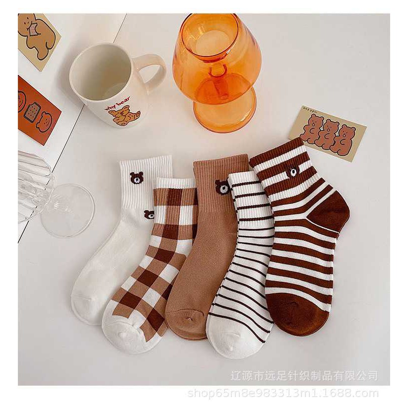 Tất nữ cổ cao dễ thương In hình gấu Vớ cao cổ nữ Cute Chất cotton