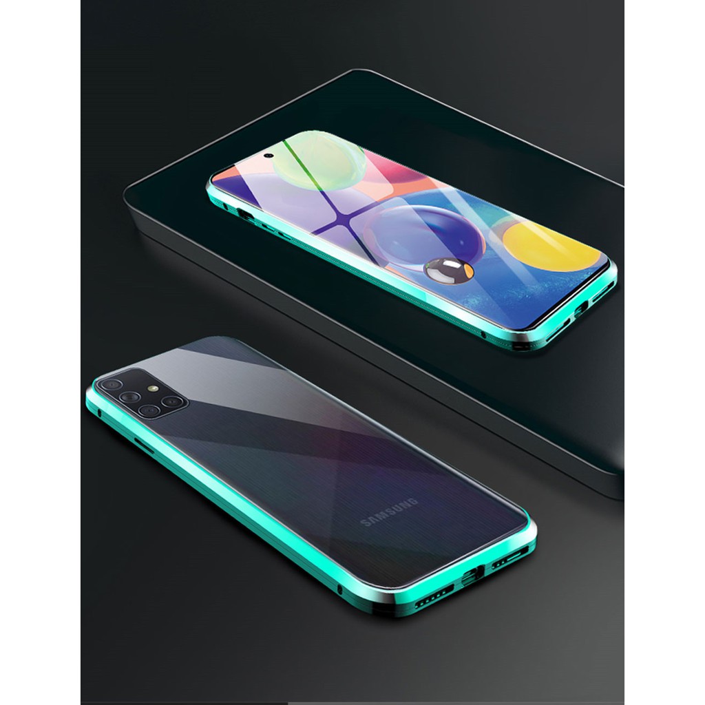 Ốp điện thoại kính cường lực hai mặt hít nam châm viền kim loại thời trang dành cho Samsung Galaxy A51 A71