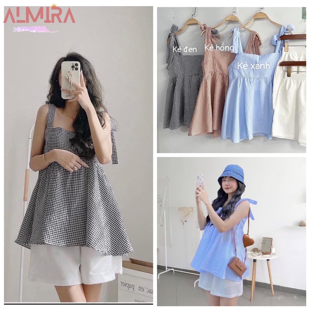 Sét 2 Bộ 2 Dây Nơ Vai Kẻ Chất Xốp Kèm Quần Short