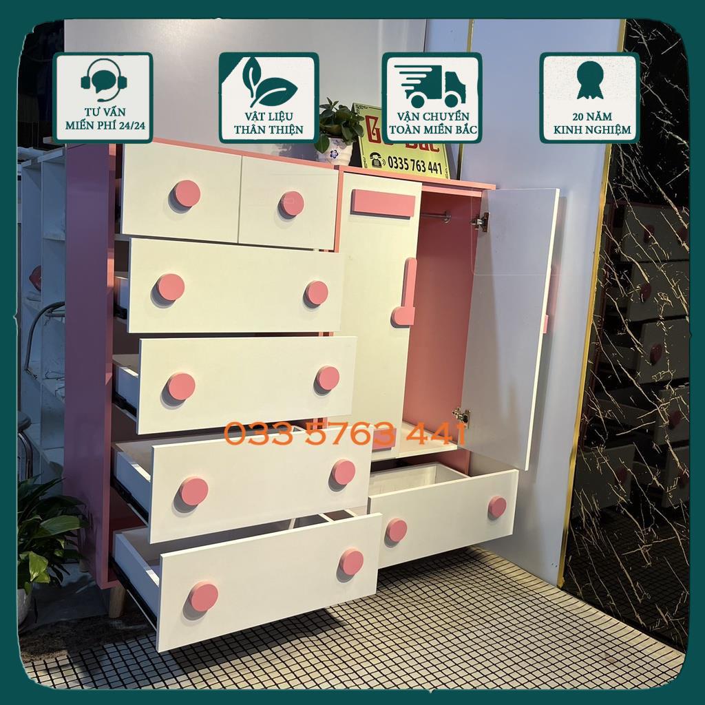 Tủ trẻ em kích thước 120x60cm gỗ MDF phủ melamine tủ có thanh treo quần áo và ngăn kéo có ray trượt.