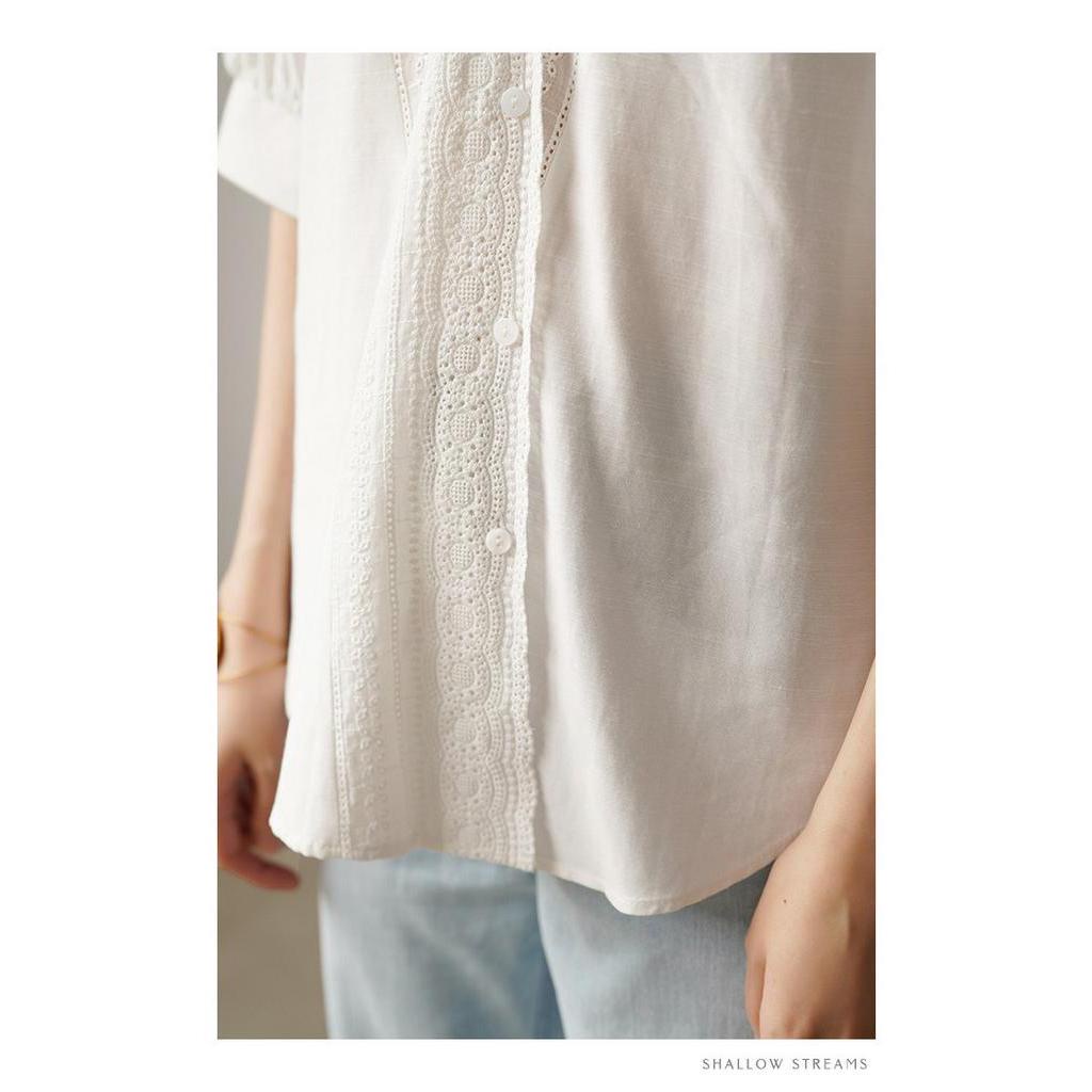Áo Sơ Mi Trắng Tay Ngắn Cổ Chữ v Phối Ren Đơn Giản Dành Cho Nữ 63674