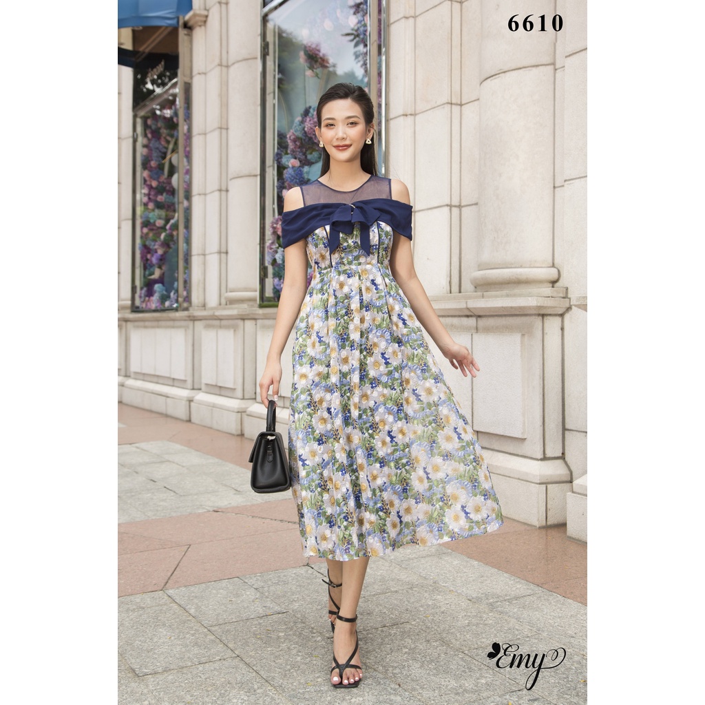 Đầm EMY EM6610 Midi Xòe Họa Tiêt Hoa Lá Cổ Phối Lưới Tay Cut Out
