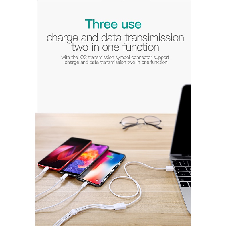 CHÍNH HÃNG DÂY Cáp sạc điện thoại 3 đầu  3 in 1 đa năng ,SẠC NHIỀU THIẾT BỊ ĐỒNG THỜI IP TYPE C MICRO USB