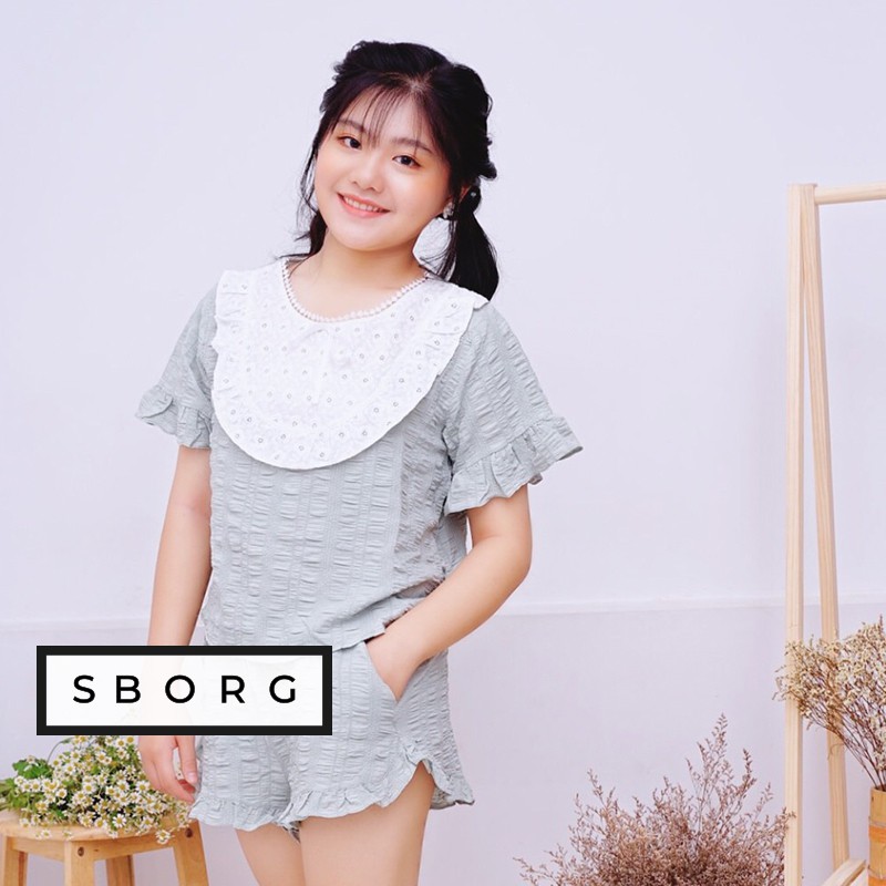Đồ ngủ cute SBORG đồ bộ mặc nhà xô xốp phối ren cute quần đùi viền bèo freesize dưới 60kg quà tặng vợ
