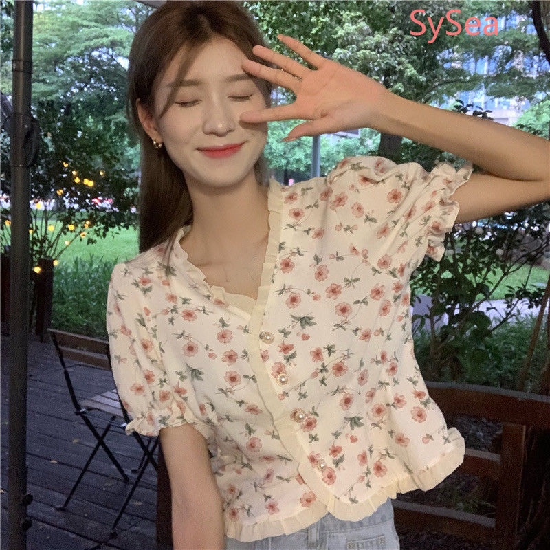 Áo sơ mi dáng rộng tay ngắn cổ chữ V in hoa thời trang mùa hè dành cho nữ