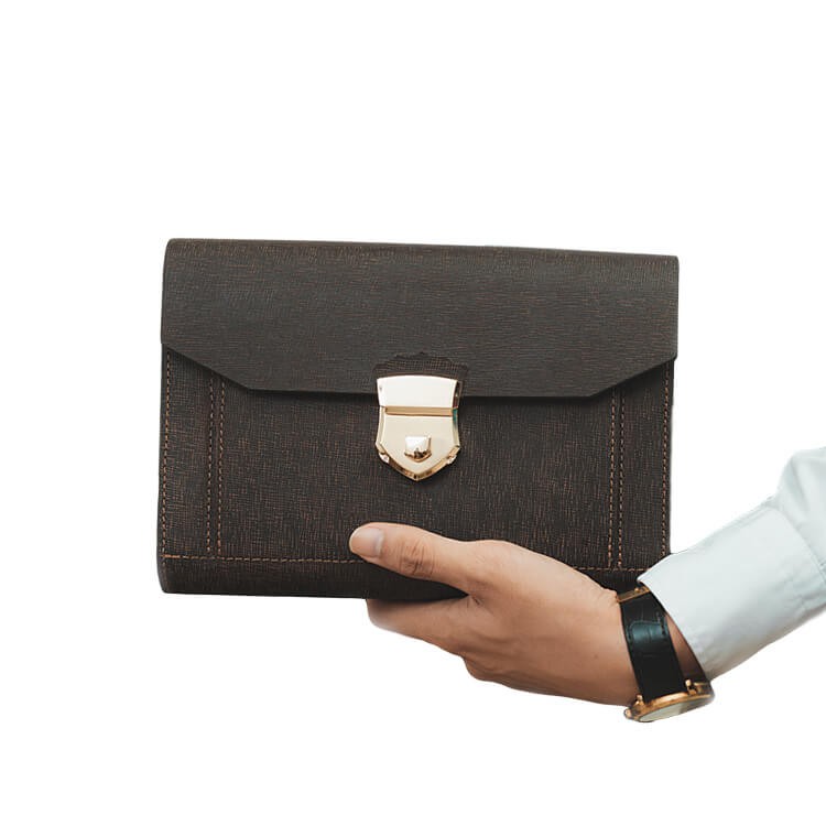 Ví cầm tay nam công sở, Clutch nam khóa số da bò sanfiano chà nâu vàng CK09 MENDOZA ( 23 X 16.5 X 5CM)