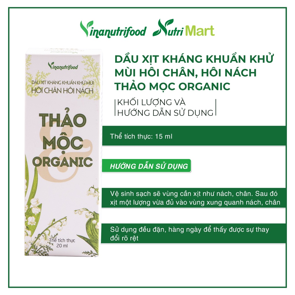 [Mã BMBAU50 giảm 50K đơn 150K] Dầu xịt kháng khuẩn khử mùi hôi chân, hôi nách thảo mọc Organic VINANUTRIFOOD 20ml