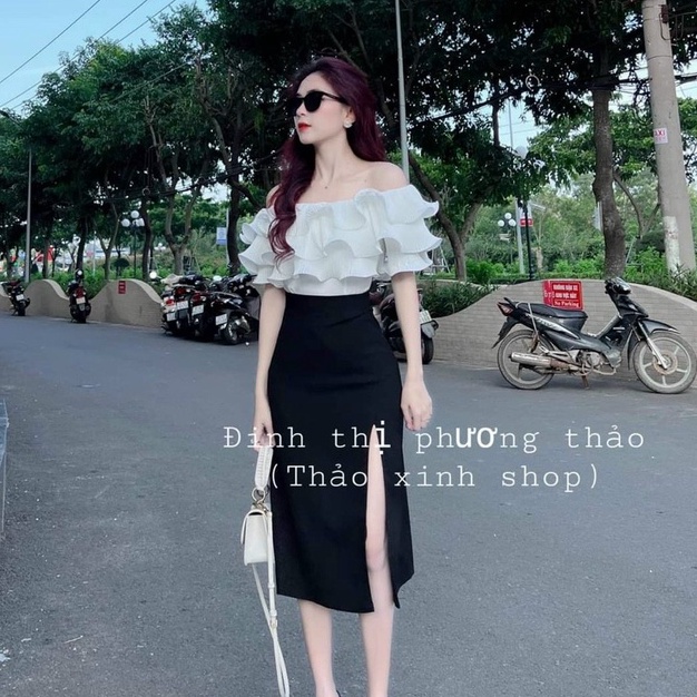 Set áo trễ vai xếp ly bèo kèm chân váy xẻ tà phong cách tiểu thư công sở sang chảnh đầm váy nữ đi chơi dự tiệc