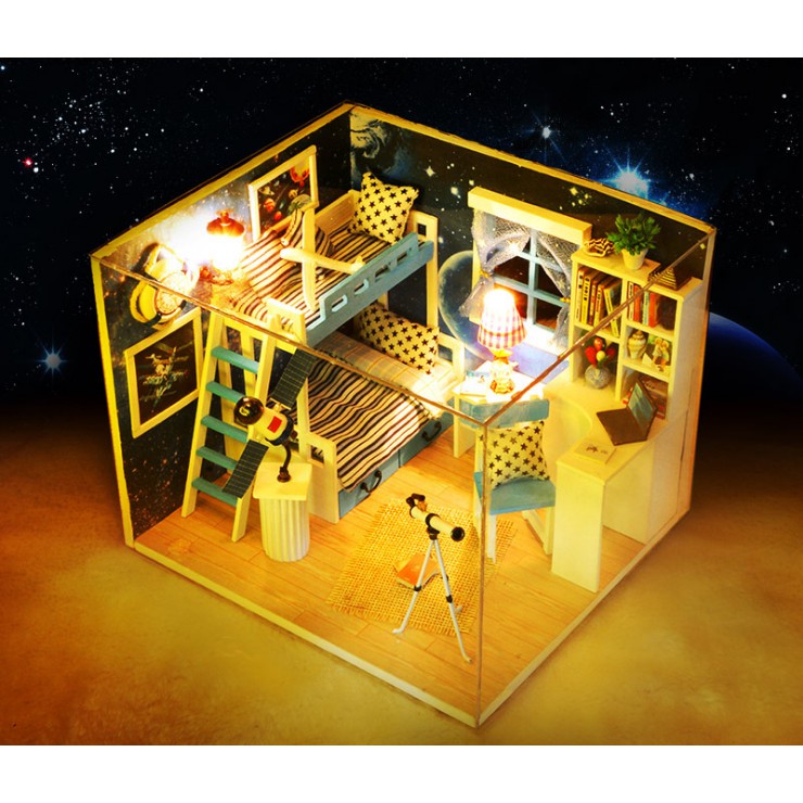 Nhà búp bê gỗ I-DIY - Dream OF Sky phòng ngủ của hai anh em mê khoa học không gian
