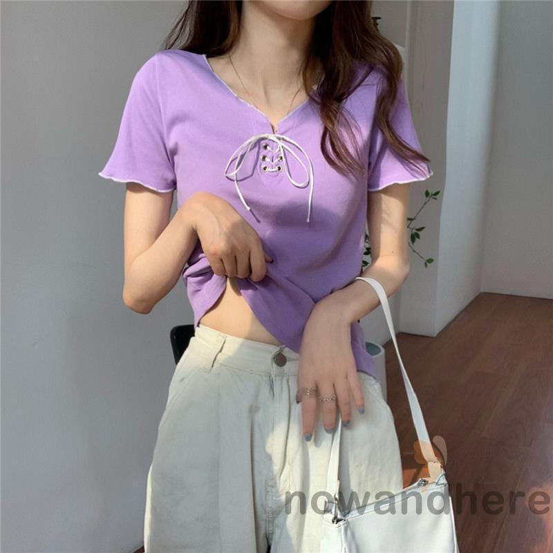 Áo Thun Tay Ngắn Cổ Đan Dây Chéo Màu Sắc Trơn Thời Trang Cho Nữ | BigBuy360 - bigbuy360.vn