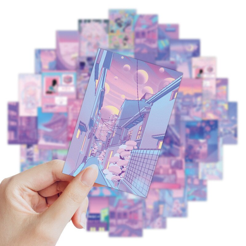 Set 50 chiếc sticker chống thấm nước MÀU TÍM CÁ TÍNH AESTHETIC ANIME hiện đại dán mũ bảo hiểm, laptop, vali, xe máy đàn