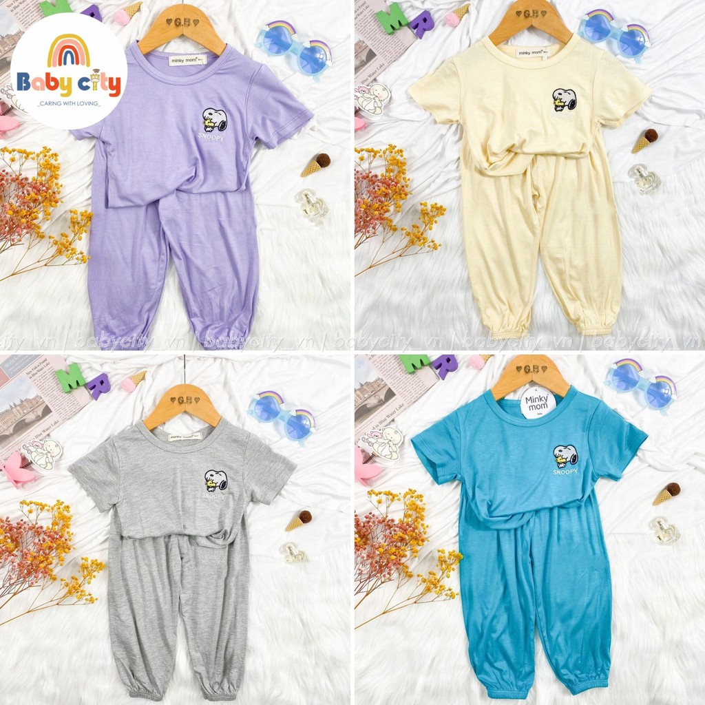 Bộ Quần Áo Bé Trai Bé Gái MinkyMom Áo NgắnTay, Quần Dài Vải Thun Lạnh Màu Trơn Alibaba Hình Chó Dễ Thương Cho Bé