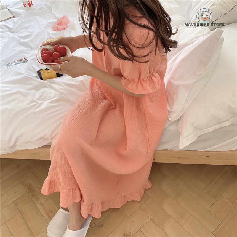 Đầm ngủ tay ngắn cổ búp bê chất liệu cotton phong cách Hàn Quốc thời trang cho nữ