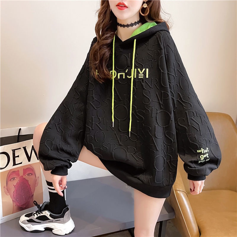 Áo hoodie plus size thêu chữ phong cách Hàn Quốc cho nữ