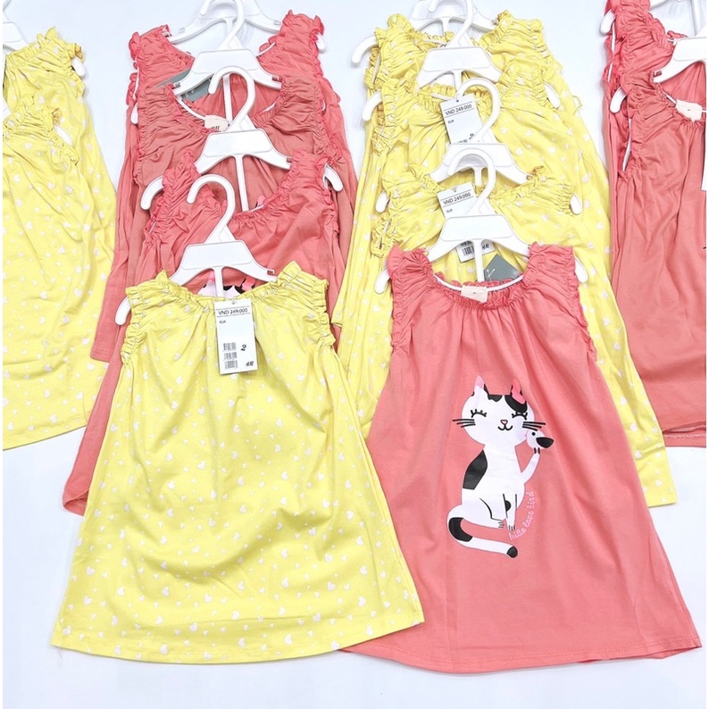 Set 2 váy sát nách chi bé gái màu hồng vàng hoạ tiết chấm bi và hình mèo