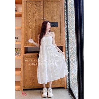 váy đũi trắng 2 dây dáng dài babydoll đi biển cực mát Hs