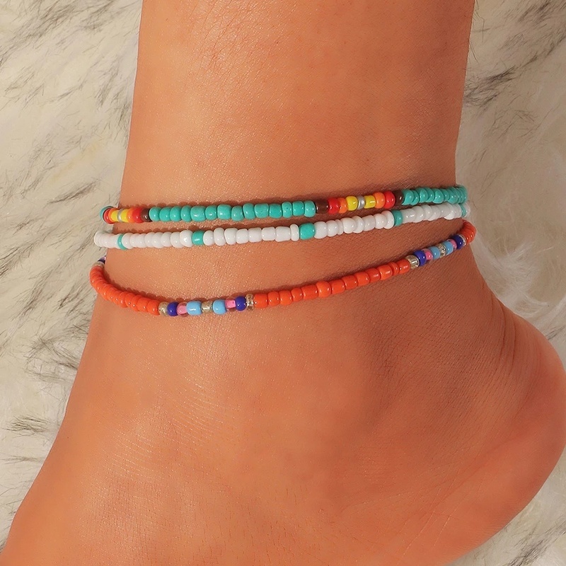 Bộ 7 Vòng Đeo Chân Co Giãn Xỏ Hạt Màu Cầu Vồng Phong Cách Bohemian Dành Cho Nữ