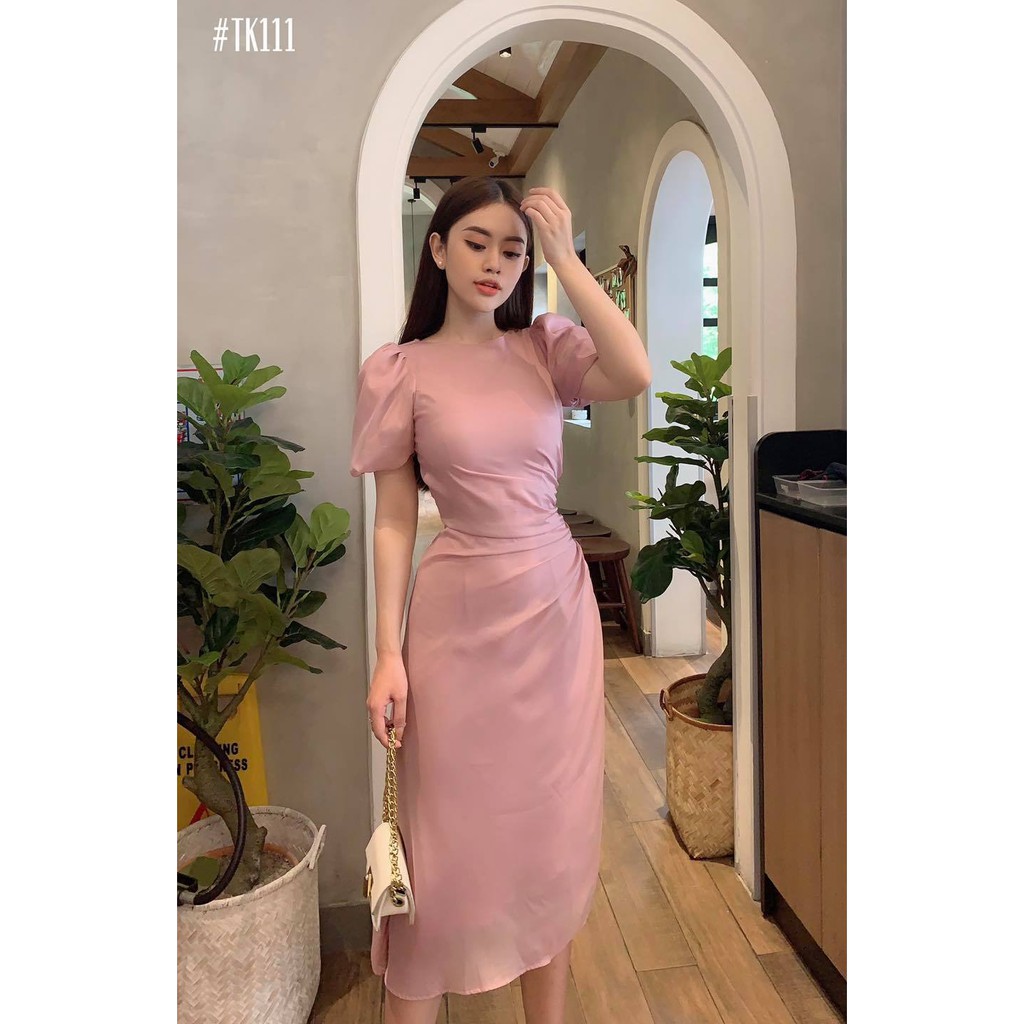 (Hàng y hình, có ảnh thật) Đầm hồng nhún eo