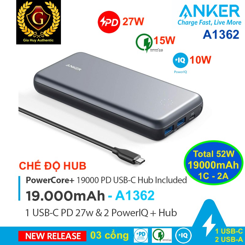 Pin sạc dự phòng Macbook Air, iPad Pro, iPhone 12 Series ANKER PowerCore+ 19000mAh PD 27W, tích hợp HUB USB - A1362