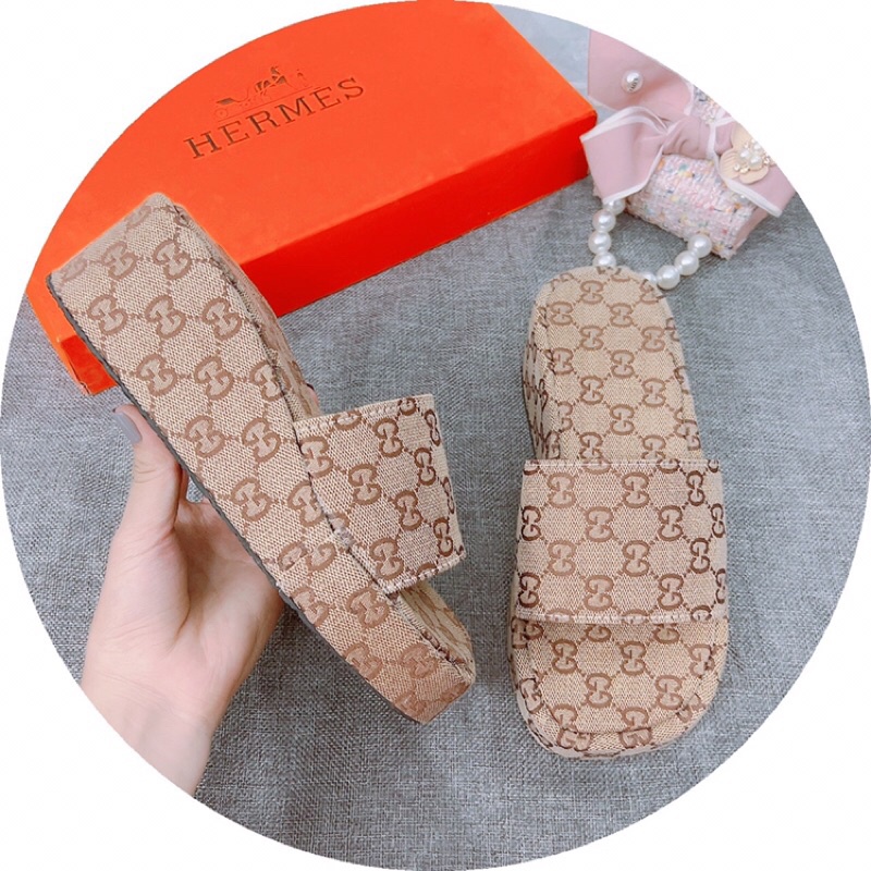 Dép nữ cao gót quai bản ngang hoạ tiết gu chị đế xuồng 5cm