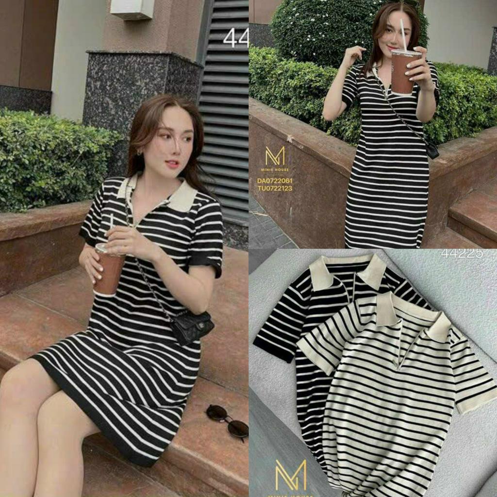Đầm thun kẻ sọc họa tiết cổ bẻ siêu tôn dáng với 2 tone màu nhẹ nhàng, đơn giản dành cho các chị em đi chơi dạo phố