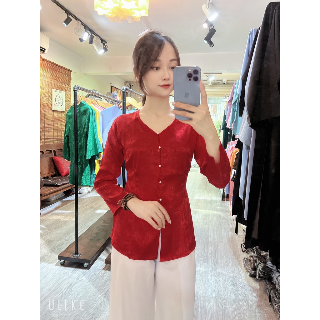 ÁO BÀ BA ĐỎ lụa gấm Hàn Châu # Đồ Phật tử lụa cao cấp # bà ba vân gấm hoa sen cúc ngọc xinh xắn AB12 Đỏ